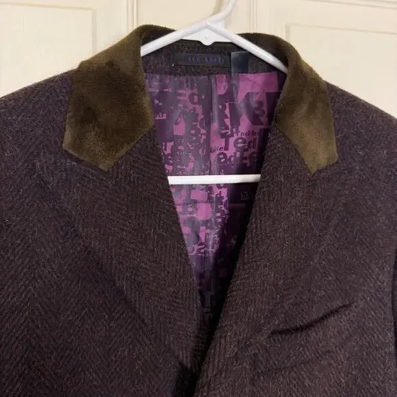 Ted Baker London Men’s Brown Herringbone Overcoat Velvet Collar Lined Coat Small - Picture 2 of 8